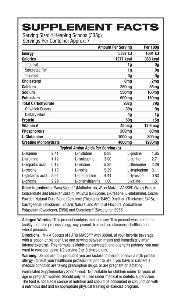 Hard Mass Gainer Protein - Nutrition Facts