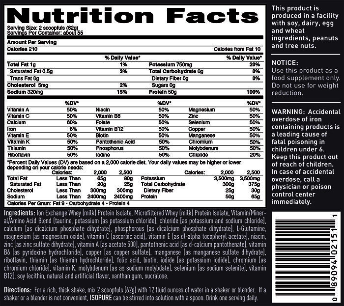 Nature's Best isopure zero nutritional information